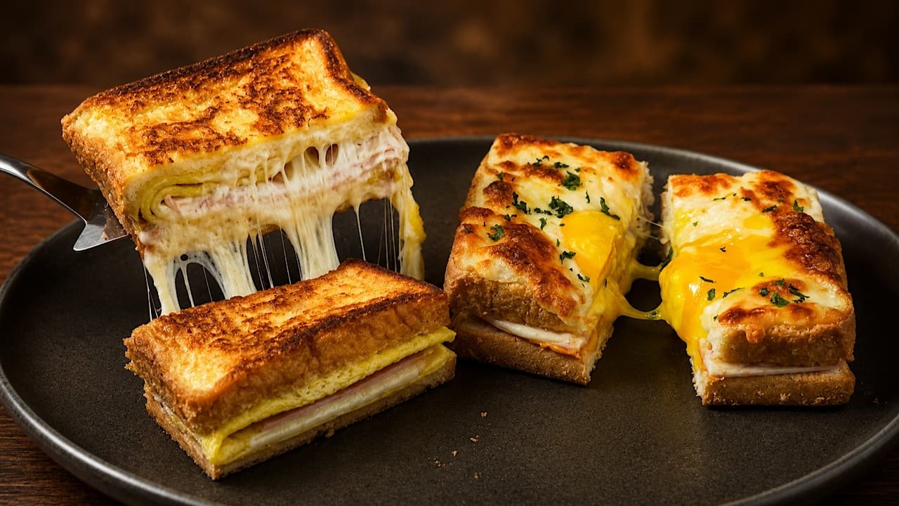 Two gourmet egg toast variations, featuring a crispy cheese toast and a breakfast toast with egg.