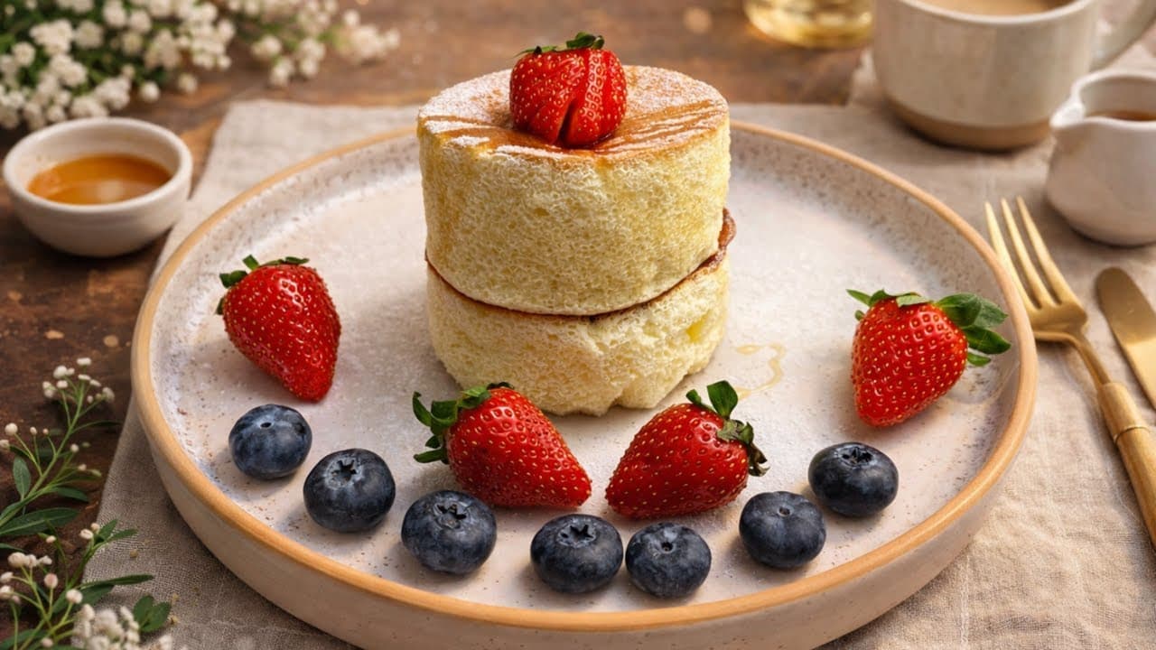 Ultra-fluffy Japanese soufflé pancakes served with fresh berries, honey, and powdered sugar