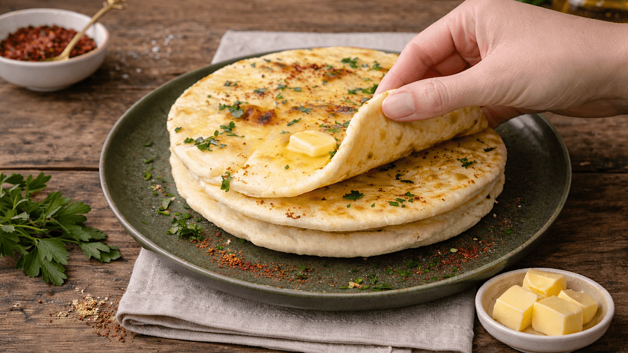 Stack of golden-brown soft stovetop flatbreads brushed with melted butter, fresh parsley, and Aleppo pepper.
